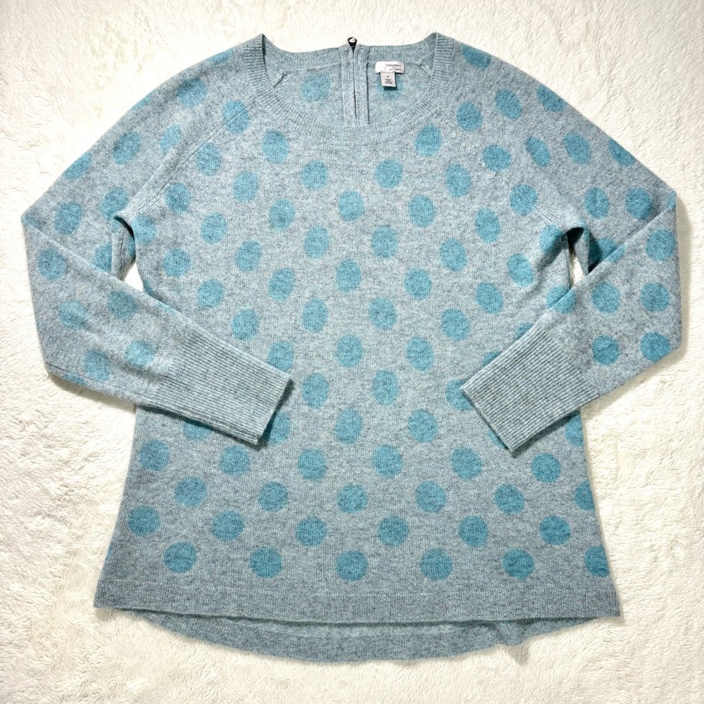 Halogen Cashmere Sweater Women’s Medium Gray Blue Polka Dot Cozy‎ Casual Modest